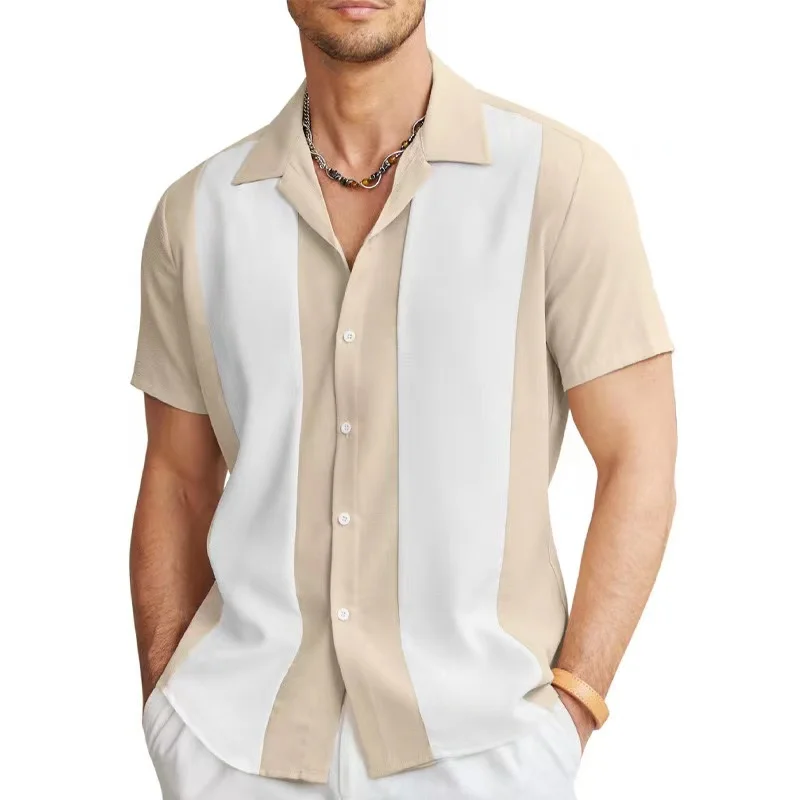 

Summer new Amazon Europe and the United States men's striped color matching casual lapel street short-sleeved shirt top