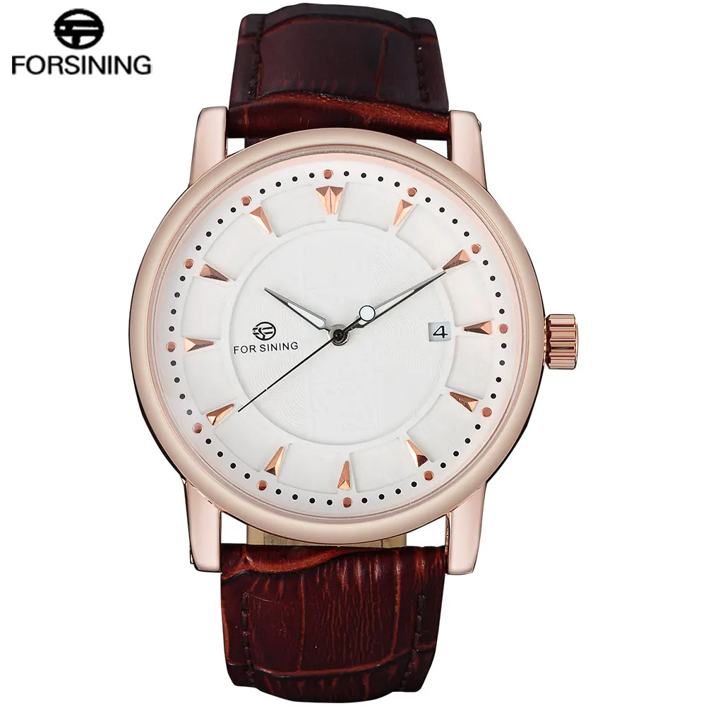 2023 FORSINING China Brand Men Watches Fashion Automatic Self Wind Watch White Dial Auto Date Rosegold Case Genuine Leather Band