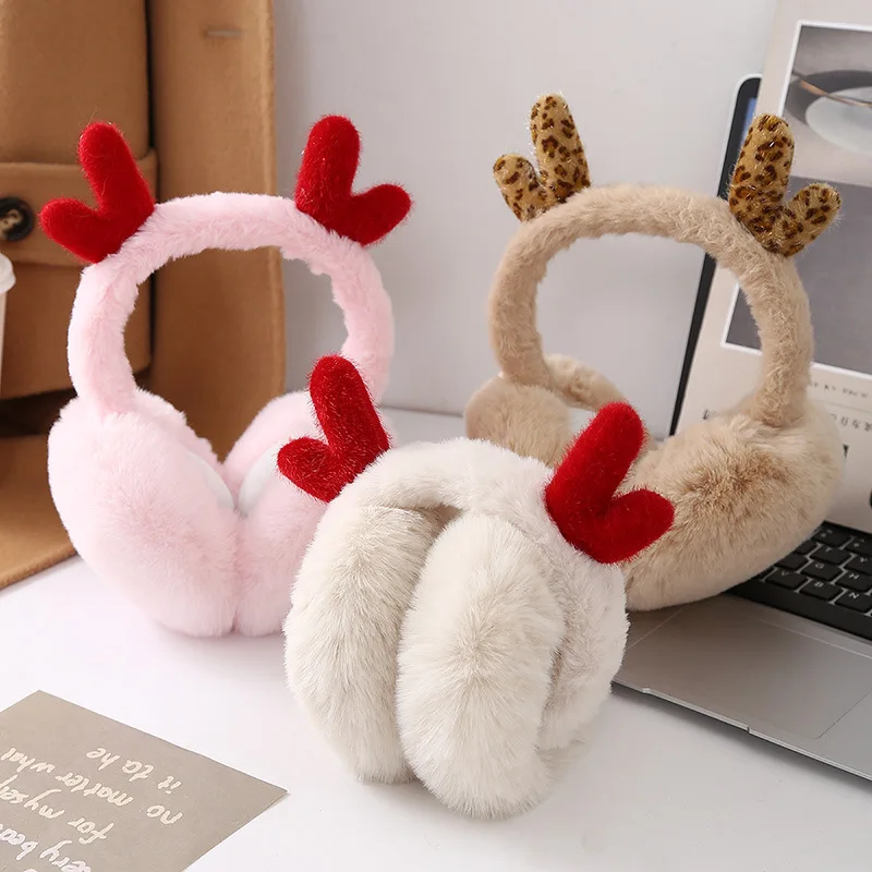 소녀를위한 귀여운 뿔 이어팁 겨울 한국어 버전 따뜻한 플러시 접이식 이어백 야외 내한성 이어팁 유행