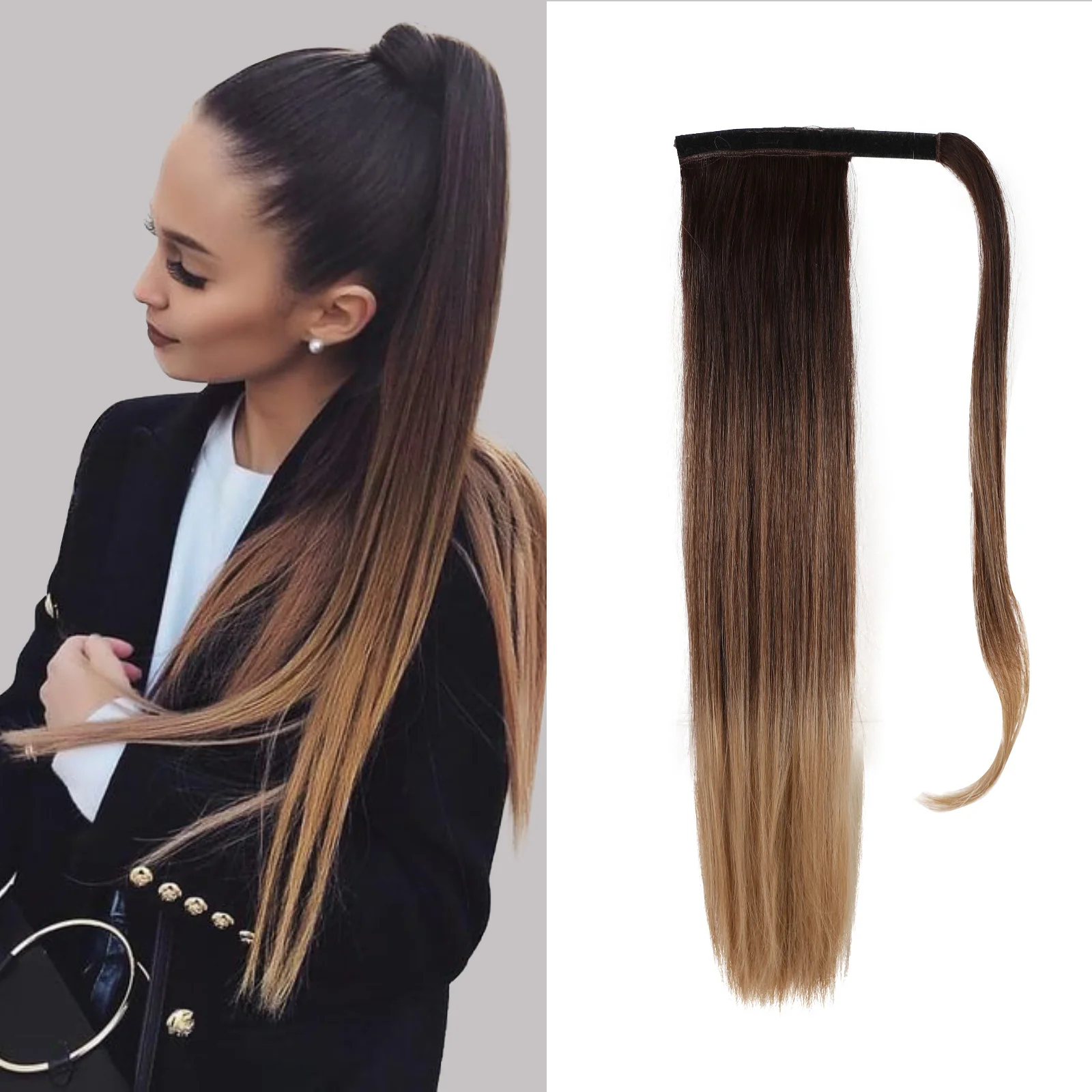 Synthetic Hair Chip-in Hair Extension Pony Tail Wig Heat-Resistant Straight Hair With Ponytail Wig 20Inch Long Black Brown Ombr3