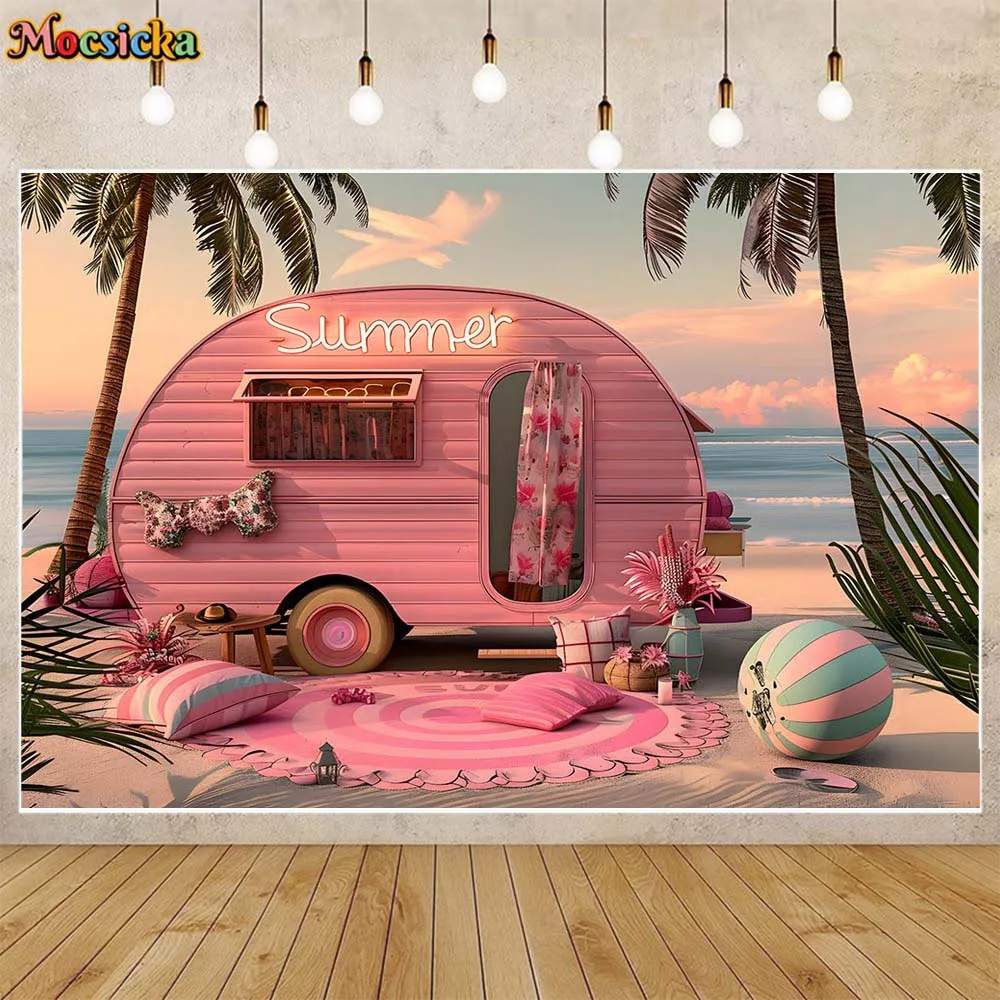 Mocsicka Summer Backdrop Photography Beach Sunset Pink Van Palm Tree Tropical Holiday Photo Background for Studio Shooting Props