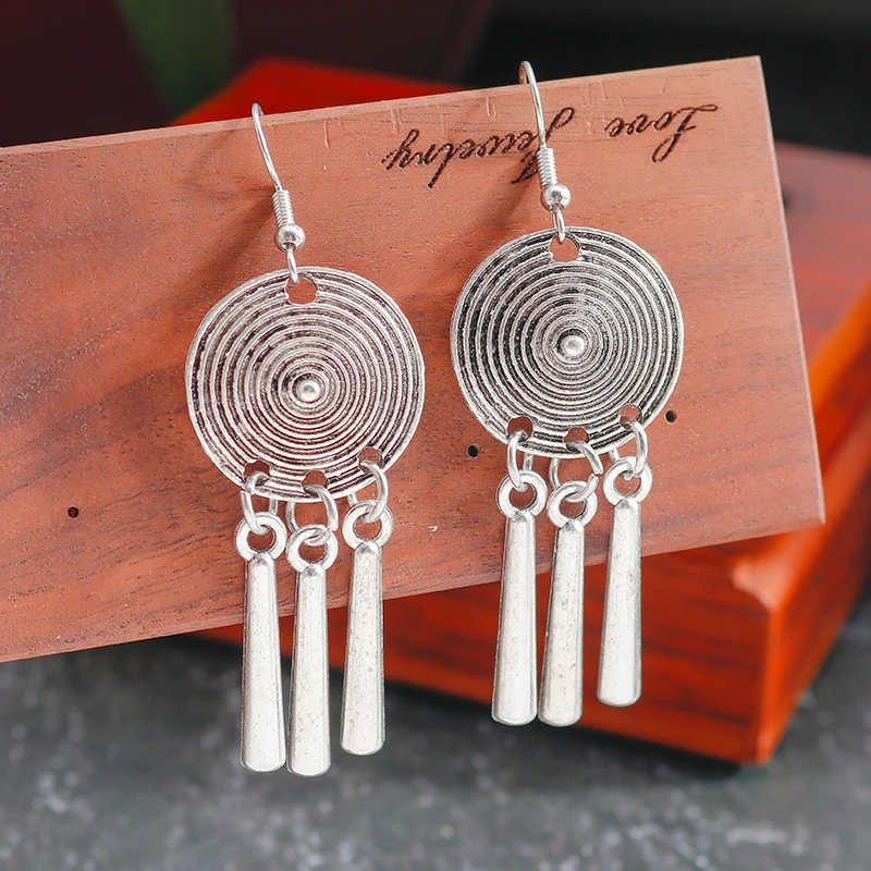 

Ethnic Tibetan Silver Alloy Round Tassel Drop Earrings for Women Girls Party Holiday Jewelry Accessories