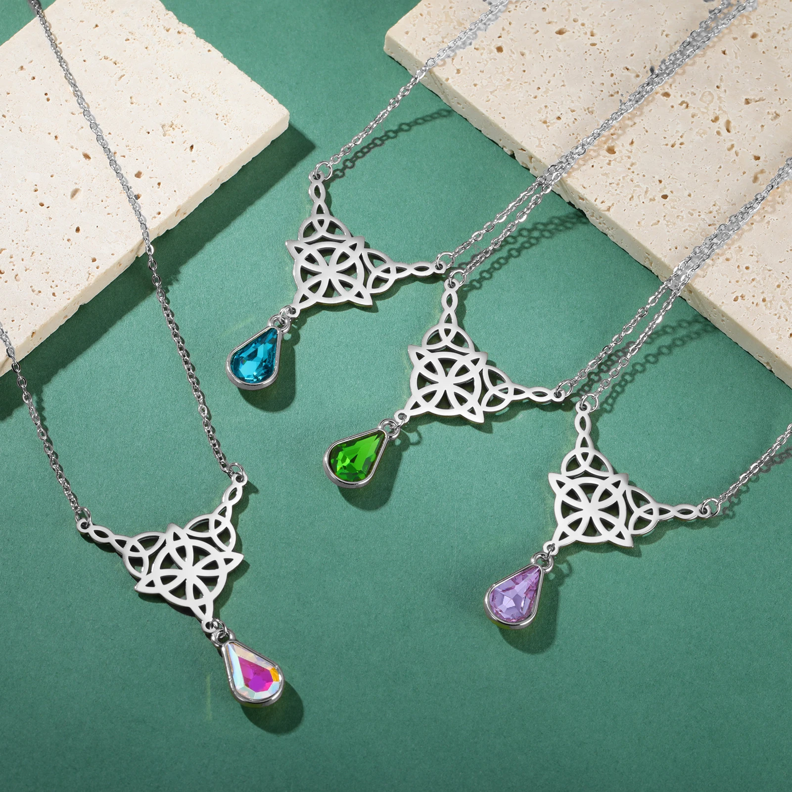 Classic Colorful Crystal Witch Celtic Knot Pendant Necklace Stainless Steel Women's Retro Irish Knot Anniversary Jewelry Gift