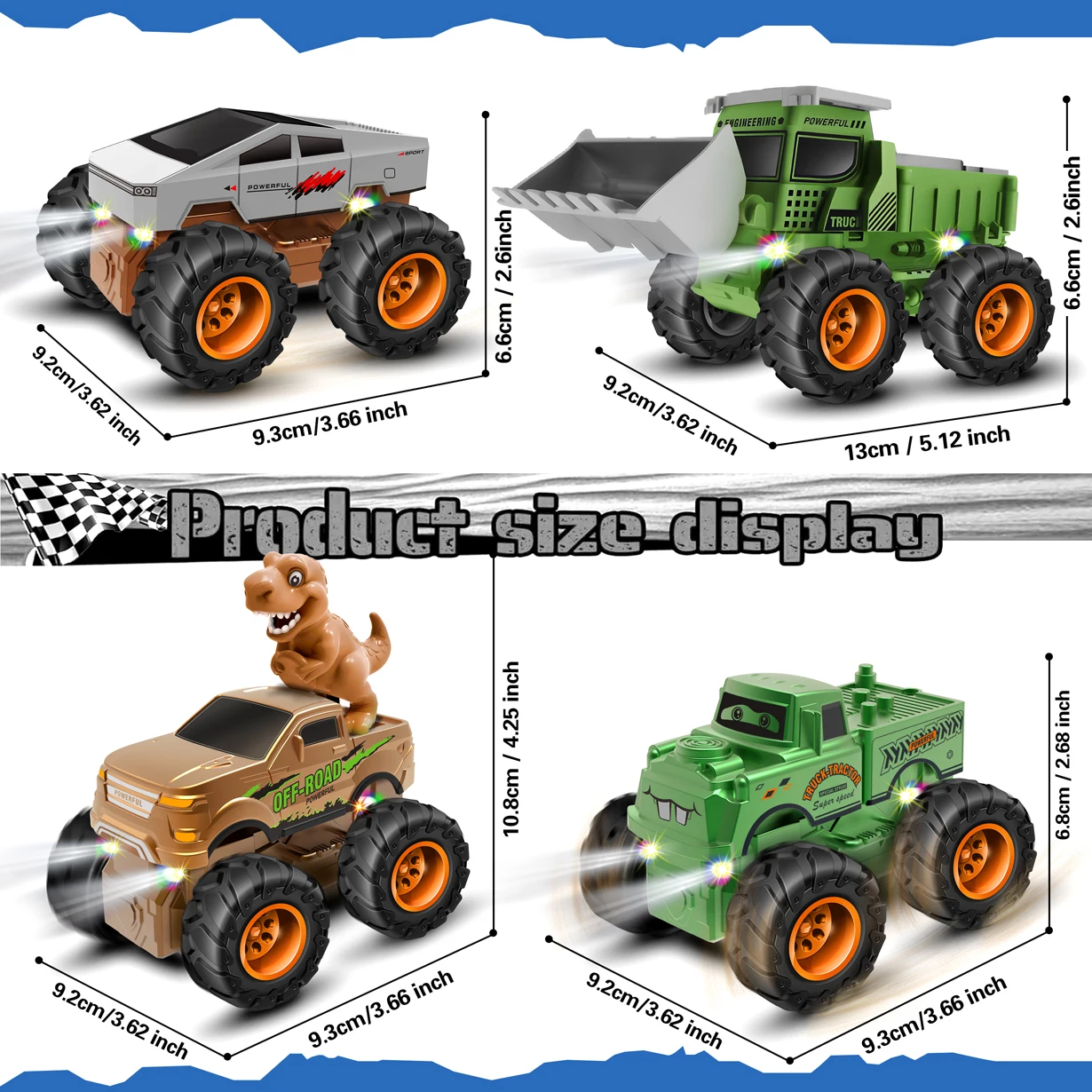 Giocattoli per camion luminosi (confezione da 2 e 4) Pull Back Go Cars con luce a LED - Regalo di compleanno per bambini piccoli, ragazzi e ragazze Camion durevoli