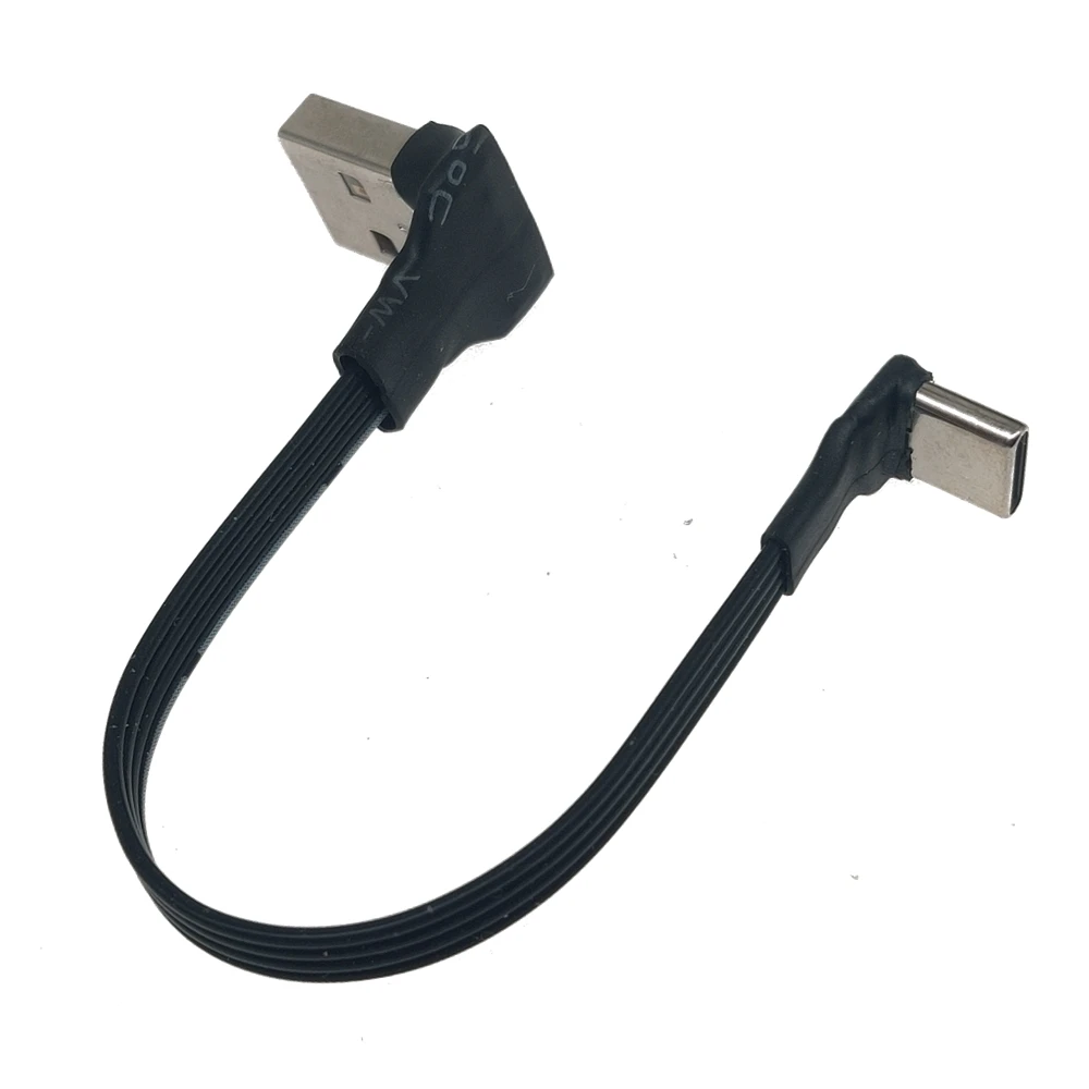 Câble de données de chargement coudé plat vers USB vers type-c mâle, version 2.0, connecteur coudé, cabine à ruban flexible à angle gauche et droit