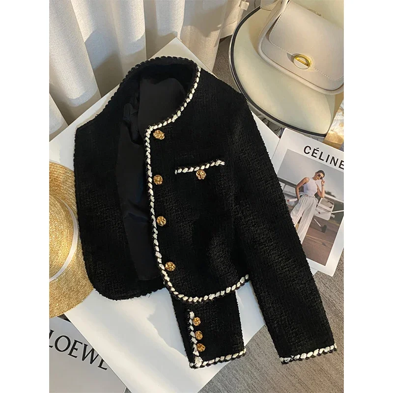 

New Vintage Tweed Jacket Women Elegant Cropped Quilted Coat Commute Black Blazer Winter Ladies Korean Short Outerwear Tops New