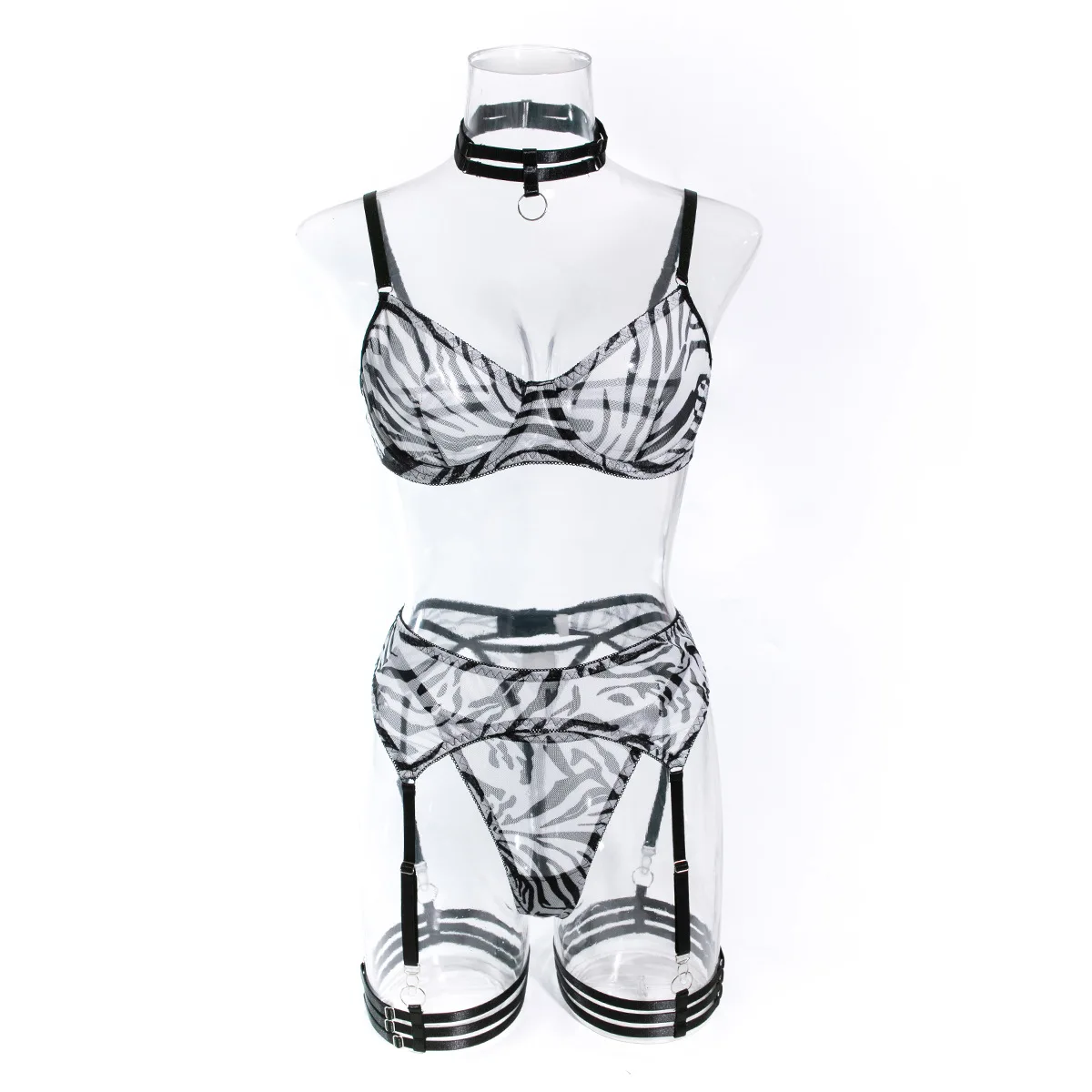 Sexy Mesh Print Zebra Perspective Underwear Women Black White Gathering Wild Neck Perspective Exotic Apparel Suit Four Piece Set