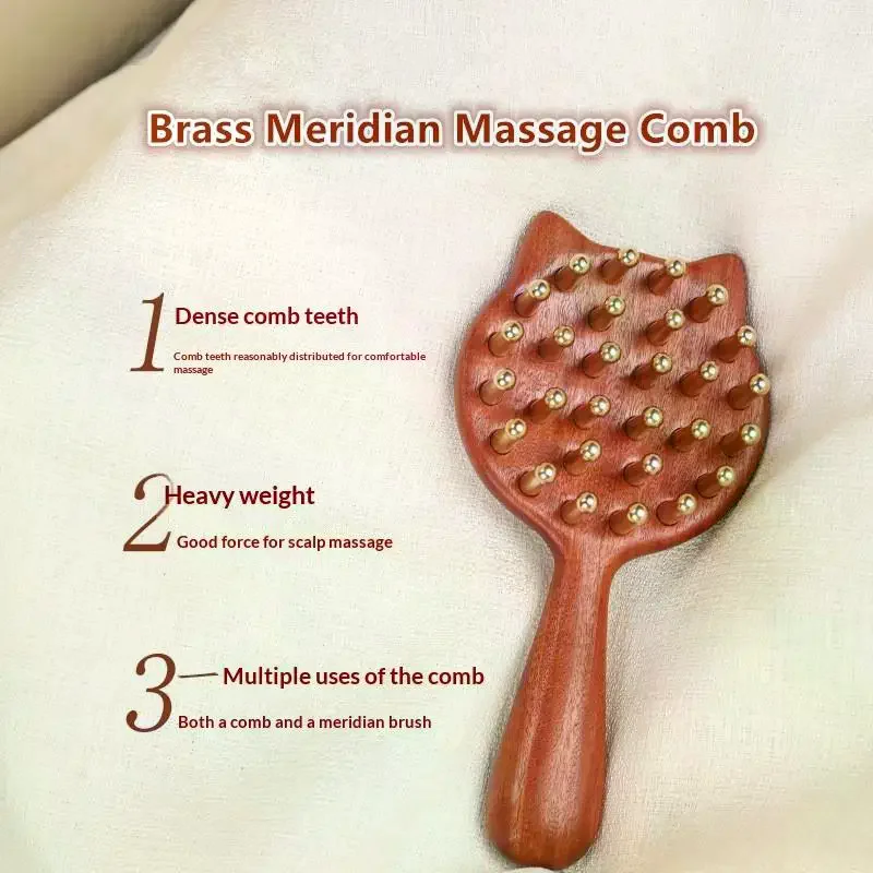 

Durable Kitten Shape SPA Gua Sha Tool Brass Head Sandalwood Massage Comb Long Wooden Handle Sturdy Meridian Point Massager Brush
