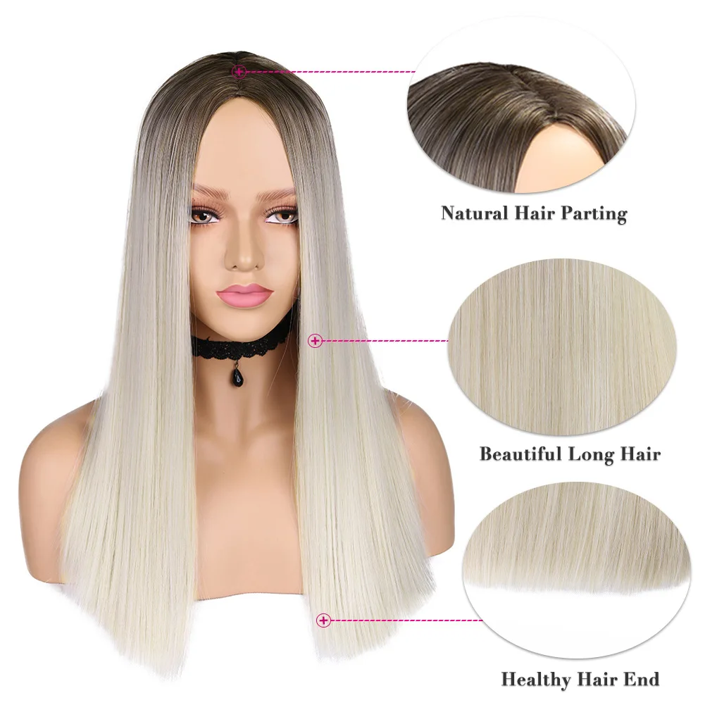 Women's wig hot-selling medium and long straight hair medium chemical fiber headgear gradual change light gold spot cosplay wig