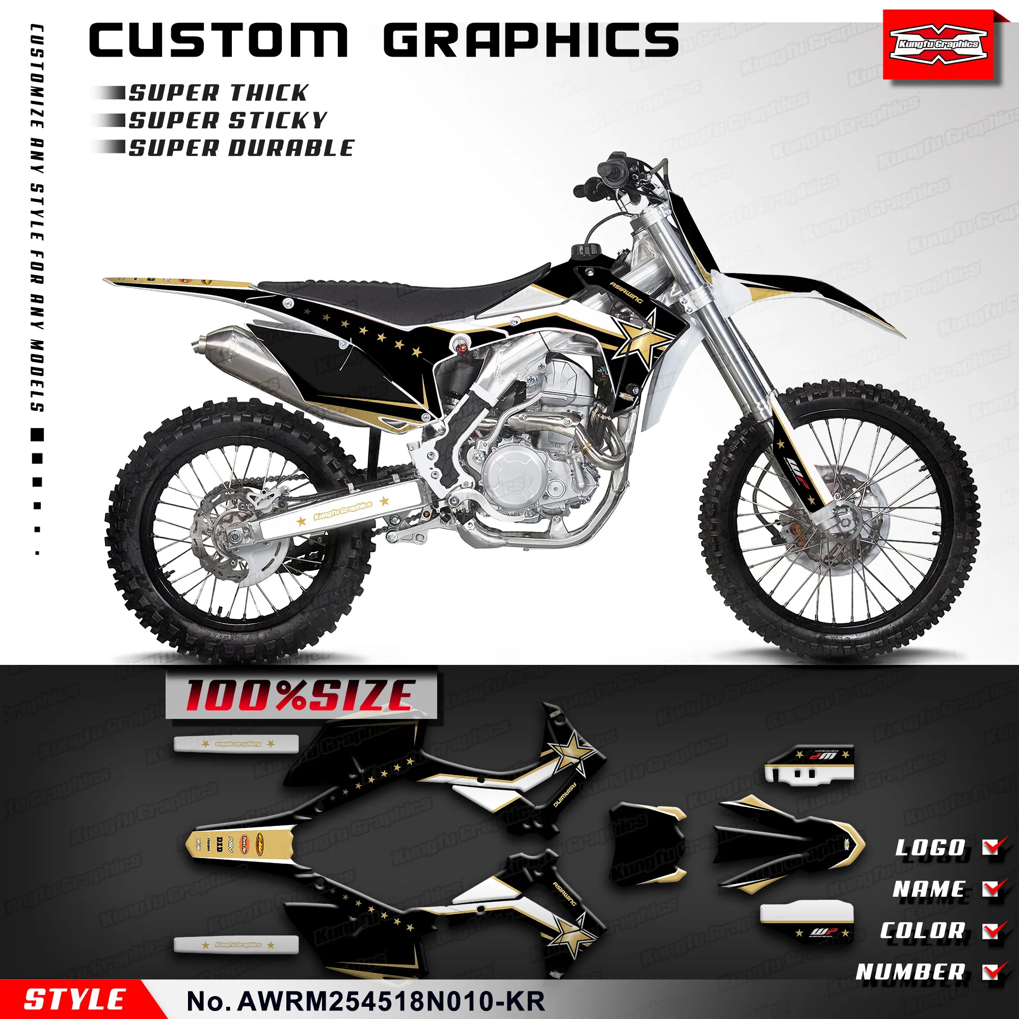 

Клейкая наклейка KUNGFU GRAPHICS, прочный винил для Asiawing RM250 RM450 2018 2019 2020 2021 2022 2023 2024, AWRM254518N010-KR