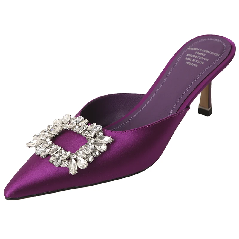 Drestrive 2022 Fashion Mules Crystal Knot Pointed Toe Women\'s Pumps Thin High Heel Summer Shoes Purple Dress Satin