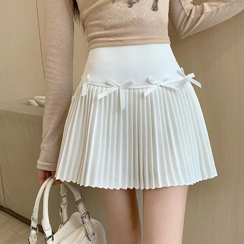 

Ballet Style White Bow Suit Pleated Half Skirt Women's Summer High Waisted A-line Short Dresses Small Stature Girls Latest Dress