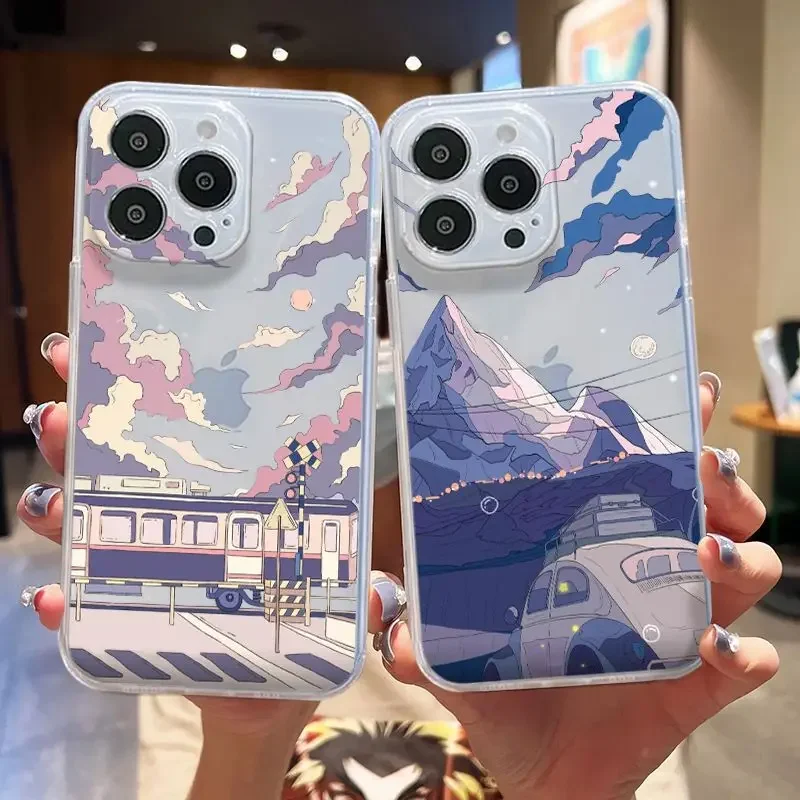 Anime Scenery Phone Case for IPhone 11 13 12 15 Pro XS MAX Mini 7 8 14 Plus SE20 X XR Cartoon Landscapes Clear Cover Fundas Skin image 2