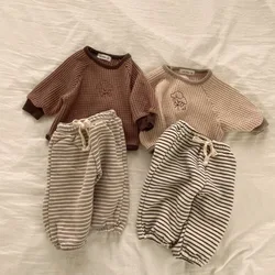 Autumn Winter Ins Infant Striped Plus Velvet Trousers Boy Baby Retro Fleece Thick Casual Pants Girl Children Warm Cotton Pants