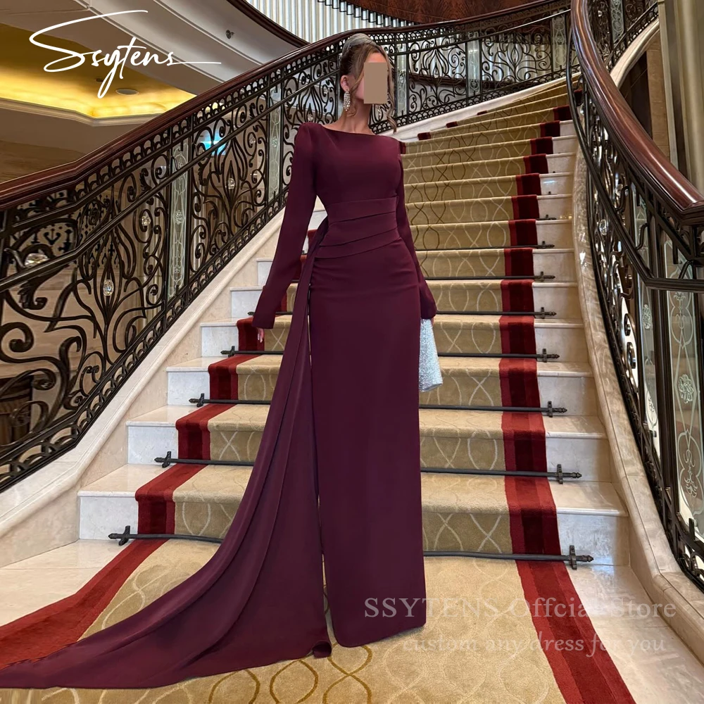 

SSYTENS Customized Long Sleeve Evening Dresses Saudi Arabia Dark Burgundy Sheath Wedding Dress Floor-Length Dubai Prom dresses