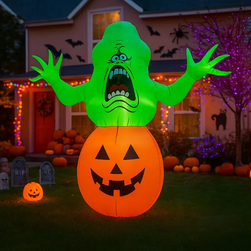 1.  5M/5FT Nadmuchiwane Zabawki Dynia Zielony Duch Halloweenowy Model Nadmuchiwany Świecący Model Dekoracje Halloweenowe Model