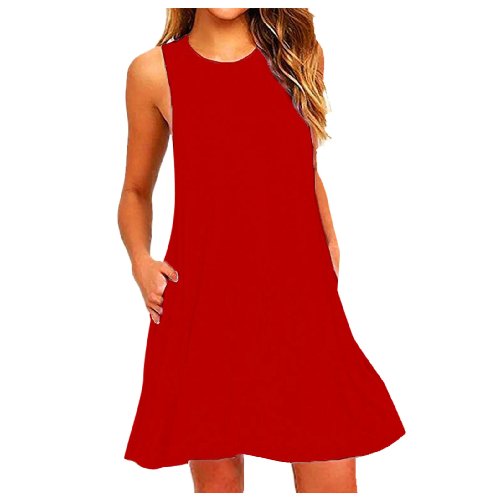 Women Summer Casual Dresses Beach Cover up Plain Pleated Tank Dress, Women Pockets Sleeveless Above Knee Dress Loose Party Dress