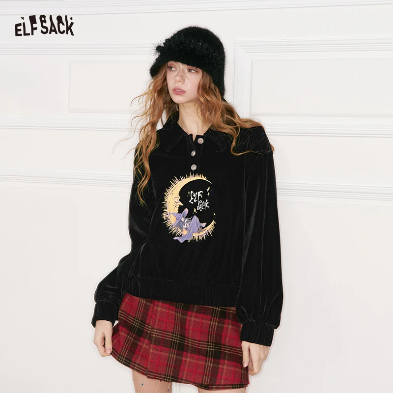 ELFSACK Women Polo Collar Sweatshirt 2025 Winter Velvet Touch Cartoon Print Rose Button Sweet Retro Casual Pullover Top