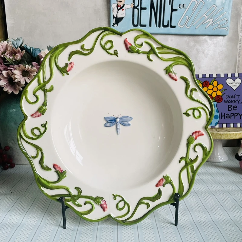 

Vintage Carved Ceramic Decorative Plate Restaurant Dim Sum Decorative Plate Afternoon Tea Cake Pan Decorative Tableware