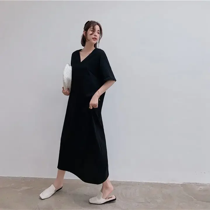 Gonna al ginocchio esposta T-shirt Gonna lunga in la carne tibetana allentata estiva è sottile scollo a V