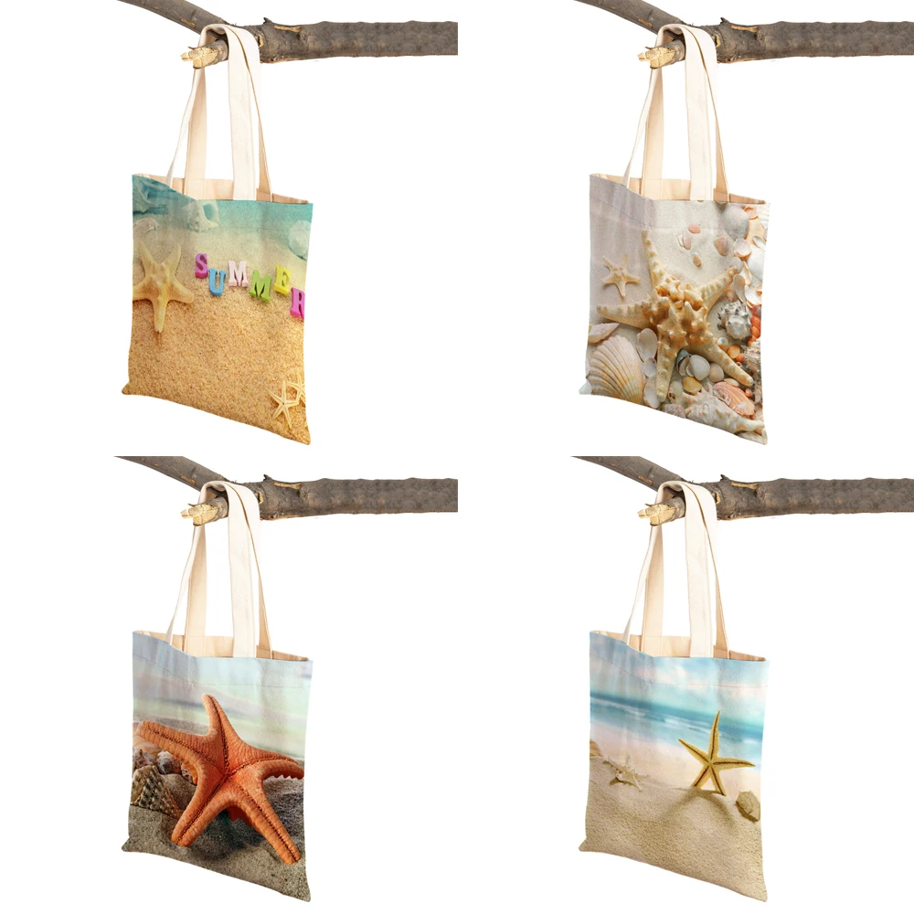 Cartoon Beach Sea Star Canvas Women Shopping Bag Both Sided Reusable Beautiful Scenery Shoulder Tote Handbag for Girl Lady