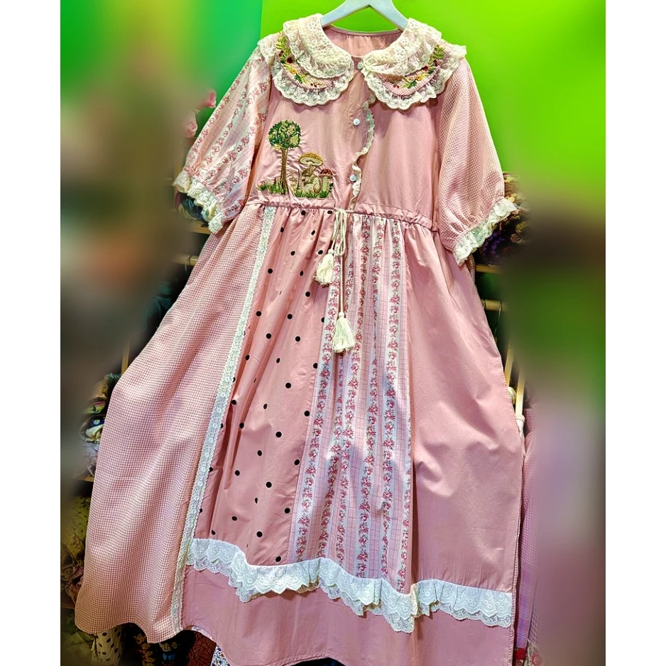 

Women Mori Girl Cotton Patchwork Tiered Lace Plaid Polka Dot Long Dress Retro Chic Goblincore Kawaii Sweet Lolita Midi Dress