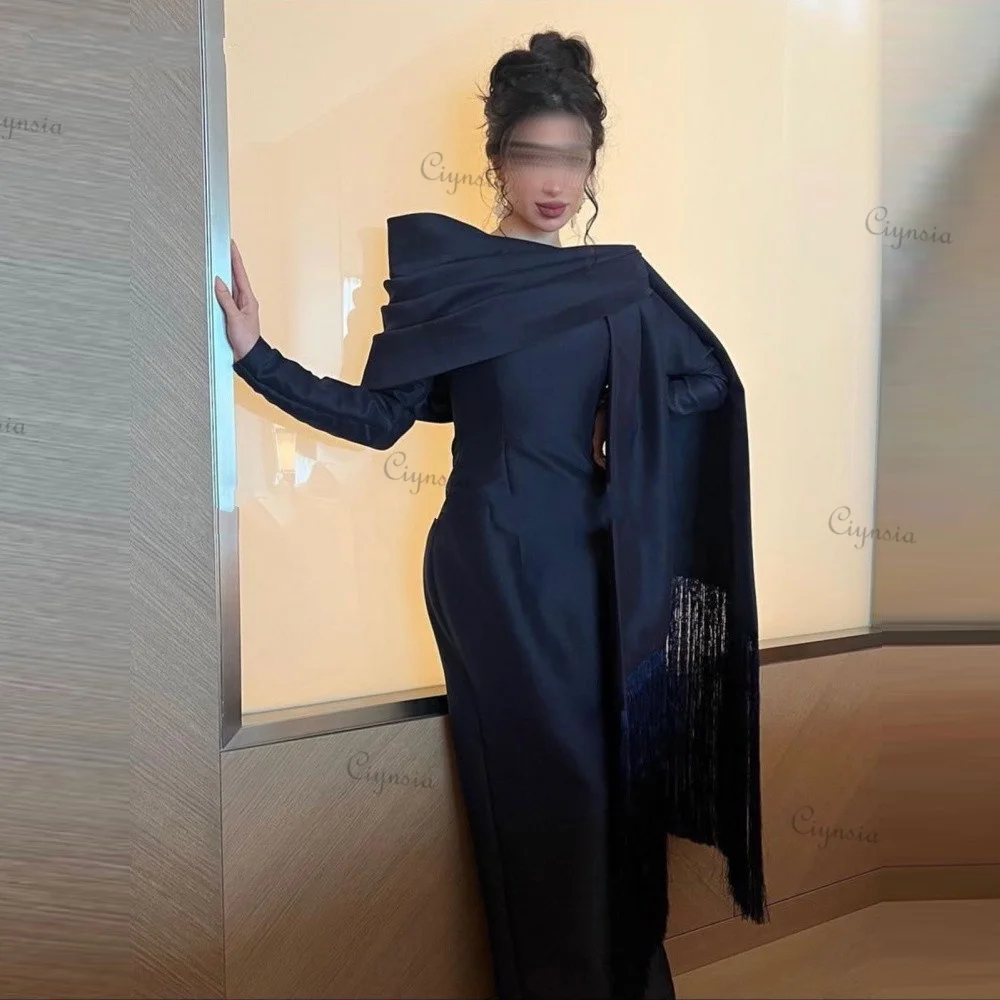 Ciynsia One Shoulder Navy Blue Bespoke Occasion Evening Dresses Women Saudi Arabia Satin Long Sleeves Elegant Formal Party Gowns