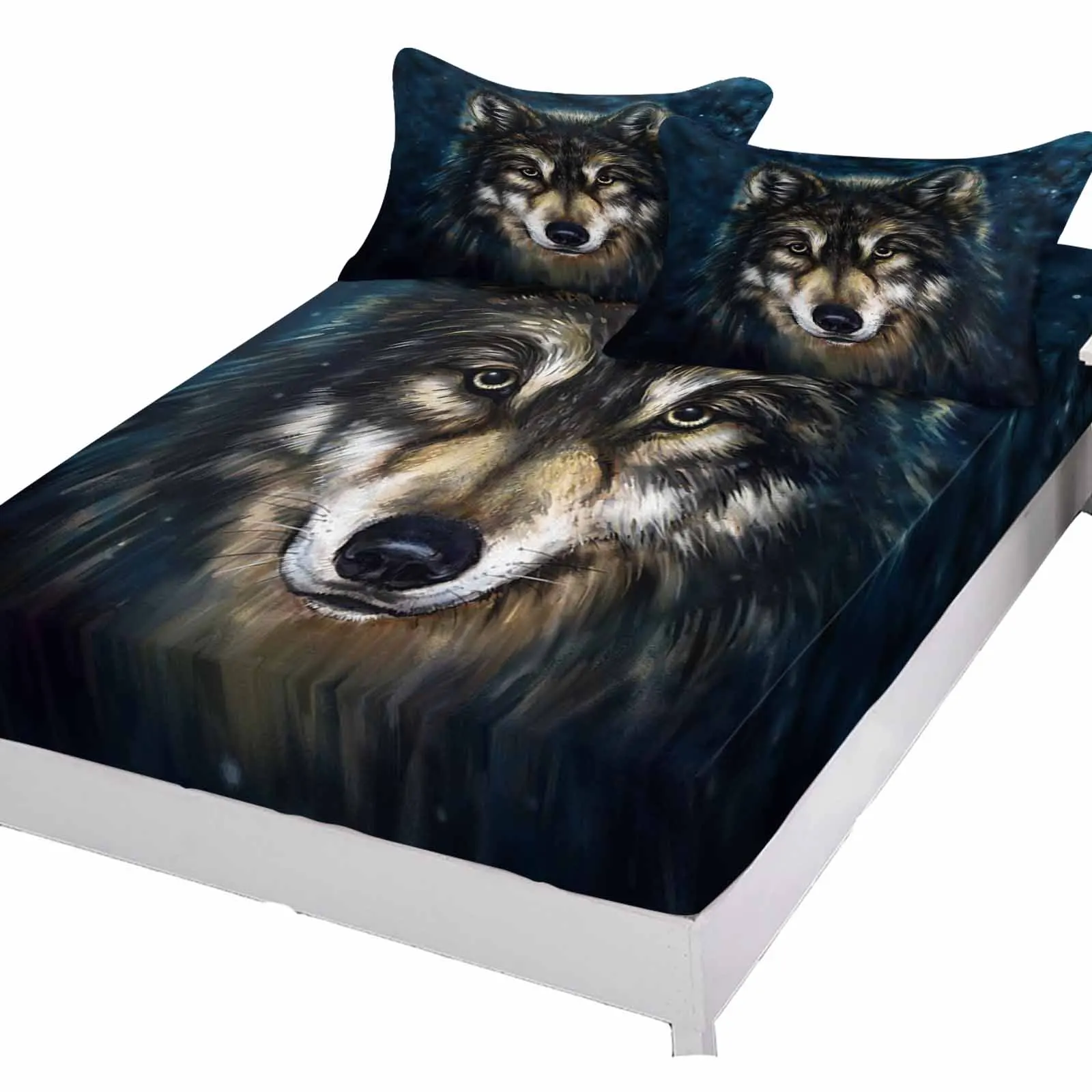 Wolf Head Danqing Animal Fitted Bed Sheet Cover Elastic Band Anti-slip Mattress Protector for Single Double King