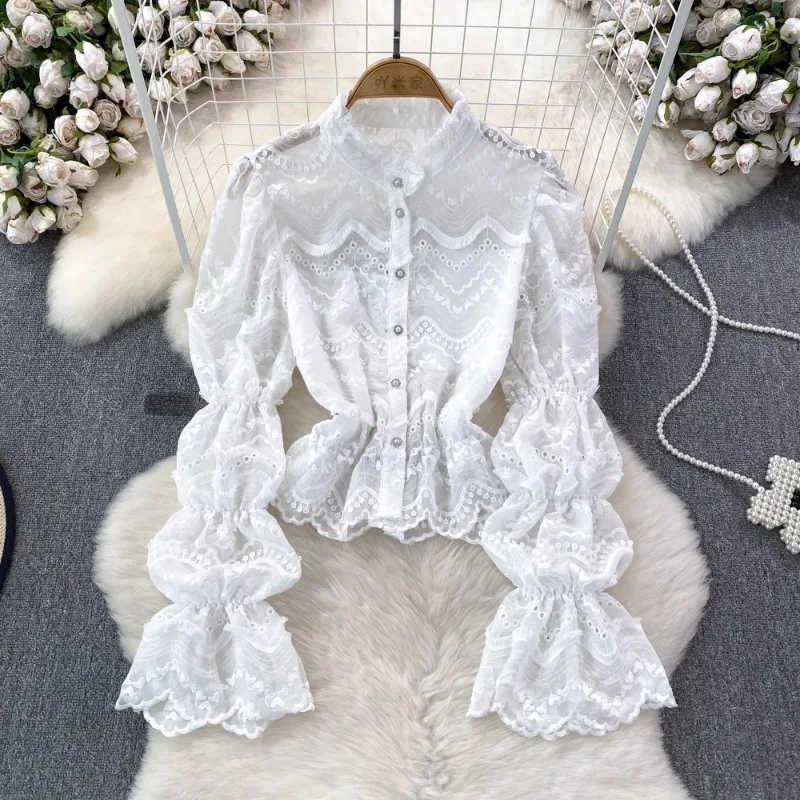 

Stand Neck Flare Sleeve Flare Sleeve Blouses Single-breasted Embroidery Shirts Spring Autumn Court Style Vintage Blusas Mujer