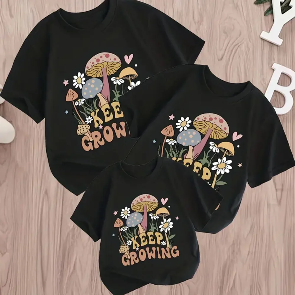 Family Matching Mushroom Print T-Shirt Set Family Outfit Pattern Print Family Matching Outfits Mom T Shirt Mathers Day Clothes