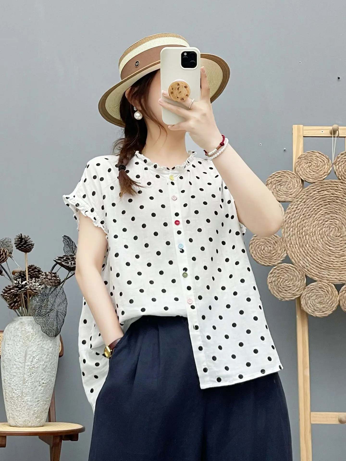 2026 Pure cotton yarn white pink navy blue polka dot print shirts and blouses for women summer Japanese style breathable tops