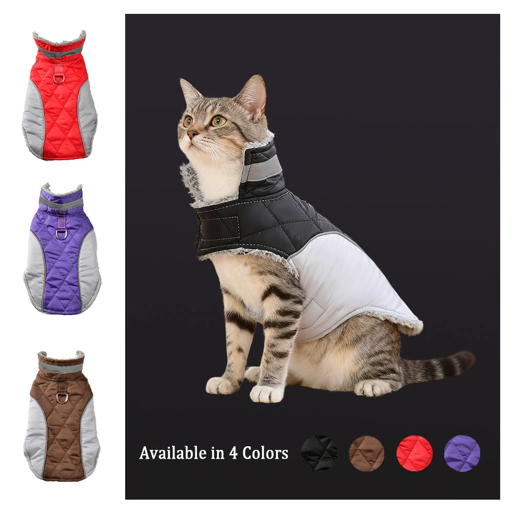 Chaqueta reflectante para mascotas, abrigo a prueba de viento con cuello alto, ropa para gatos, ropa cálida de lana para gatitos con anillo en D para gatos pequeños Sphynx