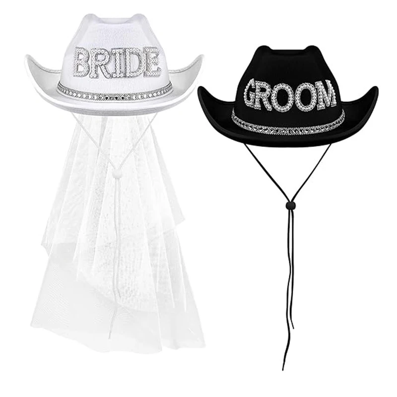 Wedding Couple Cowboy Hats Set White Bride Rhinestone Letter Veil + Black Groom Bling Hat Western Matching Cap for Bridal Shower