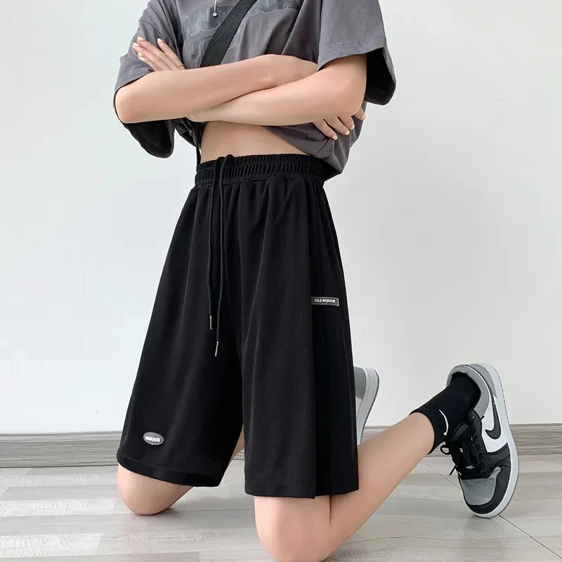 Damskie spodnie sportowe z wysokim stanem, z lodowego jedwabiu, letnie, cienkie, luźne, plus size, z szerokimi nogawkami, do kolan, w stylu koreańskim.