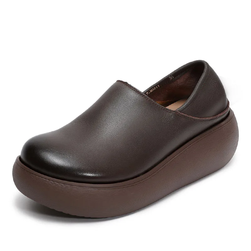 DRKANOL Fashion Women Platform Slip On Loafers Spring Autumn Round Toe Genuine Leather Wedges Heel Height Increasing Retro Shoes