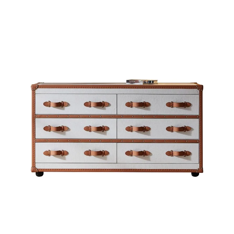 

French retro leather side cabinet American six-bucket porch cabinet living room Italian minimalist storage bucket cabinet meal