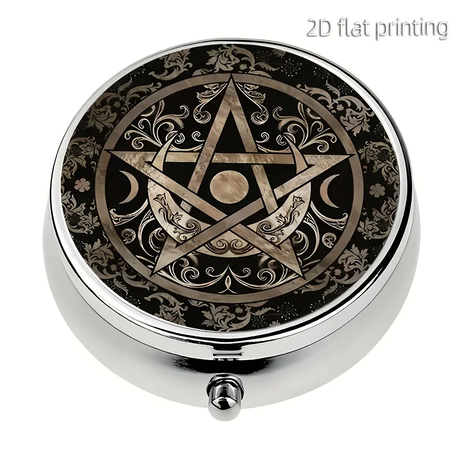 1 mysterious geometric symbol metal pill box - 3-compartment pill organizer, portable mini pill box for handbags or purses, decorative and functional vitamin holder, perfect gift for Halloween or Christmas, gift pill organizer