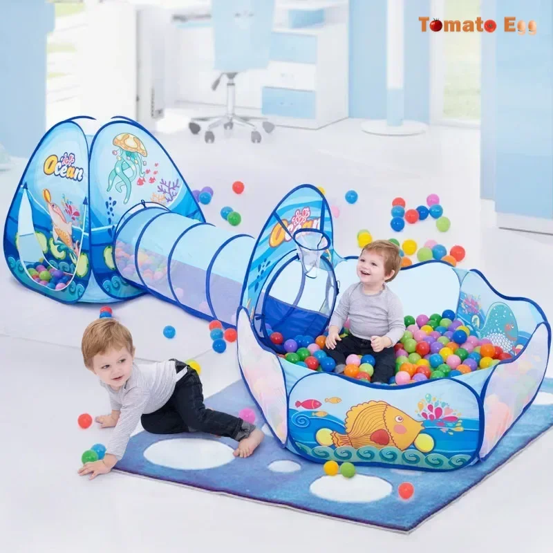 3 in 1 Kids Play Tent with Tunnel Ball Pit Basketball Stand Kids Pop Up Indoor Outdoor Playhouse Toy Children's Gifts