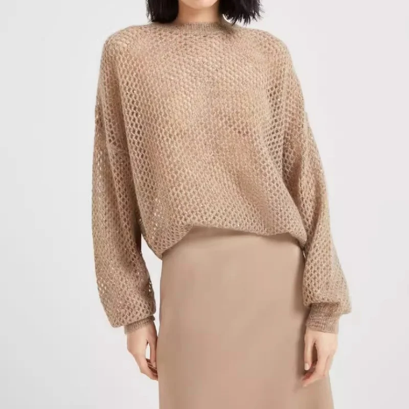 

2025 autumn new women's round neck mohair blended hollow out long sleeved pullover y2k high-quality fashionable loose knit top