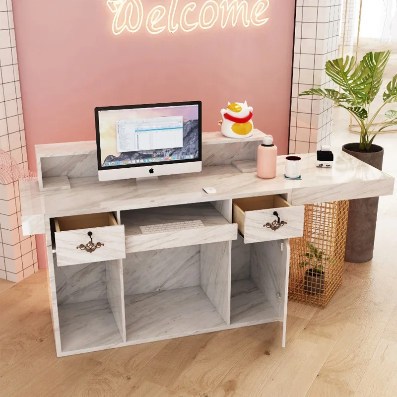 Custom.متجر الملابس الحديثة ماكينة تسجيل المدفوعات النقدية من خشب الرخام الحديث الحد الأدنى من الحديد المطاوع مكتب استقبال الشركة