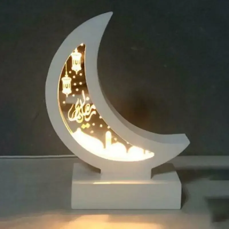 Ramadan Eid Mubarak Wooden Ornament Moon Lamp LED Night Light Islam Decoration Muslim Wooden Ornament  Home Festival Light