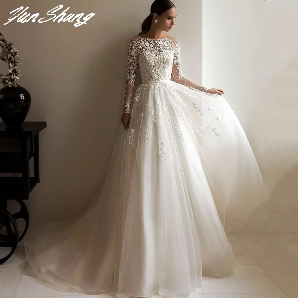 YunShang Dài Tay Áo Cưới 2022 Chữ A Cổ Tròn Ren Appliques Nút Voan Tàu Vintage Cô Dâu Bầu Vestidos De Noiva