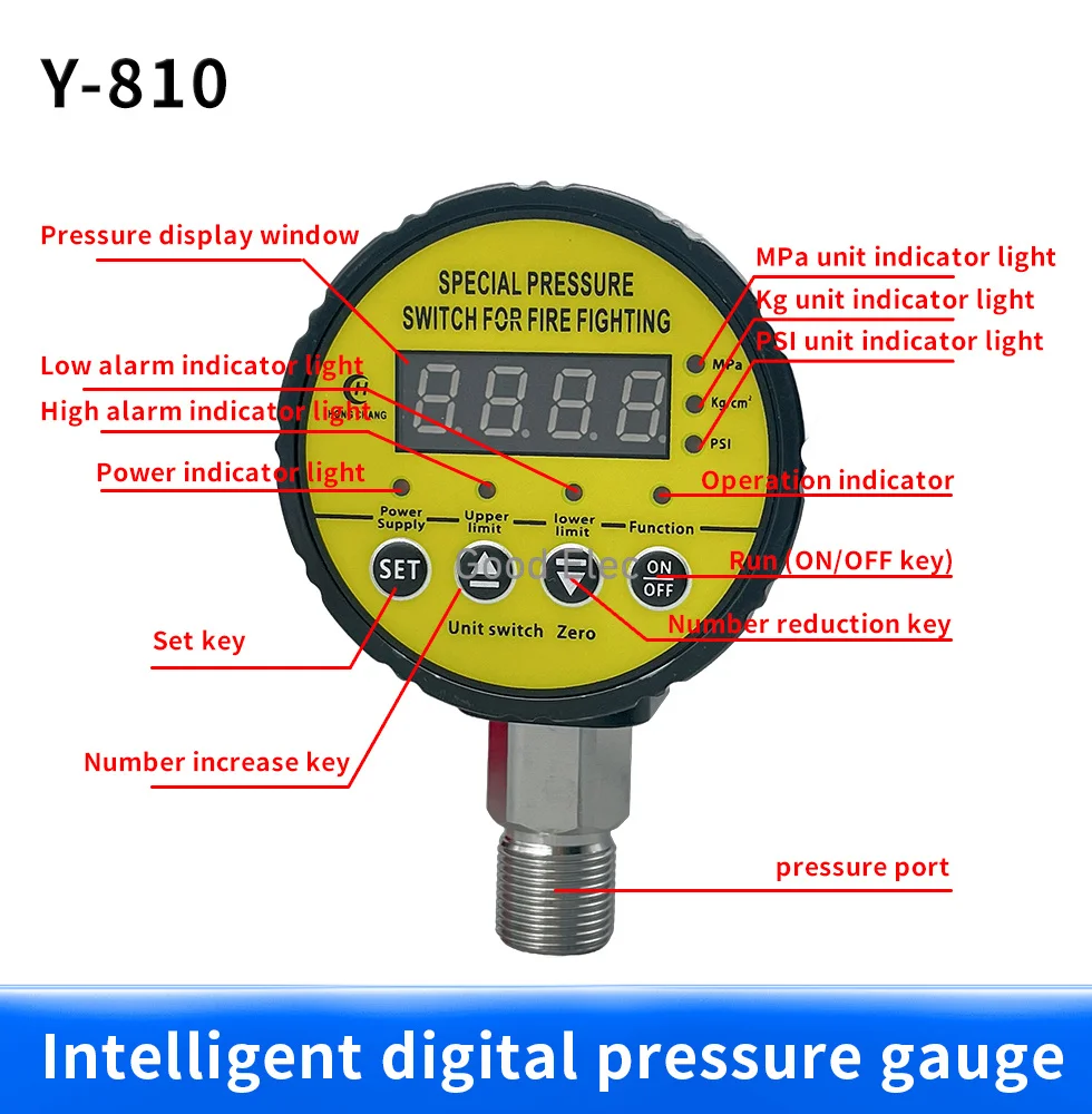 HC-Y810 Digital Pressure Gauge Digital Intelligent Pressure Gauge Pump Negative Pressure Water Pressure Switch Controller Yellow