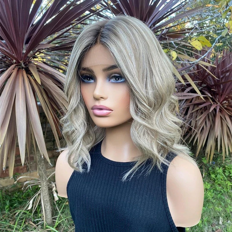 

New In Synthetic 13x4 Lace Front Wigs for Women Glueless Cosplay Hair Heat Resistant Fiber Ash Blonde Wave Bob Wig High Quality