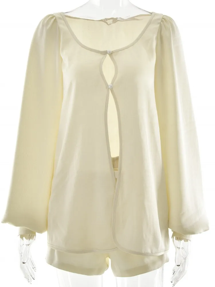 

2 Pieces Set Sexy Fashion Women Female Tops Long Sleeve Shirt Tops And Shorts Suit Matching Sets Outfit 2025 Summer Autumn