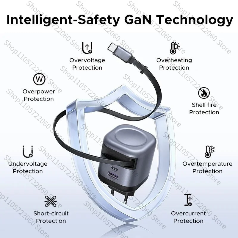 For 45W Gallium Nitride Charger Built-In Retractable Cable, Multi Protocol Fast Charger UFCS PPS QC3.0 PD3.0 Power Adapter