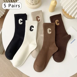 5Pairs Women Sports Socks C Pattern Spring Autumn Season Students with Breathable Mid-calf Casual Socks Women Solid Color Socks