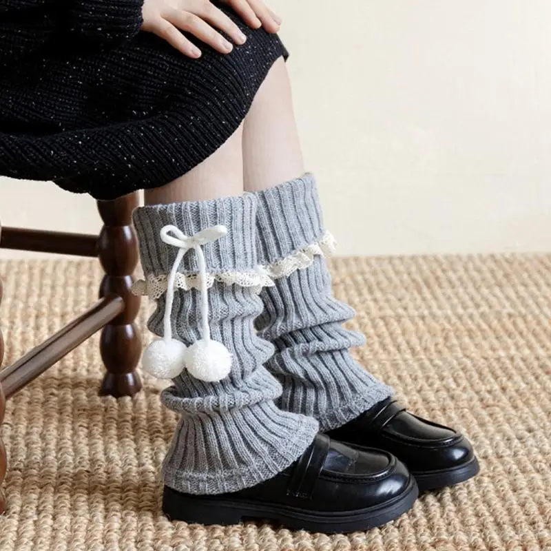 

72XE Sweet Frilly Leg Warmers Knitted Leg Sleeves Bows Lace Up Long Leg Socks Fashion Middle Tube Socks for Women Girls Gifts