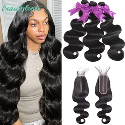 Body Wave Bundles Human Hair Bundles With Closure Middle Part 2x6 Natural Hairline Brazilian Hair Weave 3/4 Bundles With Closure