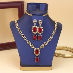 Sunspicems Morocco Style Necklace Earring Set For Women Luxury Arabic Red Green Crystal Square Pendant Neck Chian Bridal Jewelry